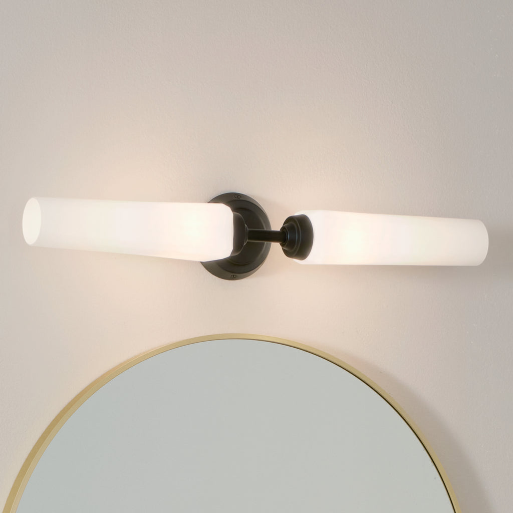 KICHLER 55075BK Truby 24.75" 2 Light Vanity Light With Satin Etched Cased Opal Glass Polished Nickel