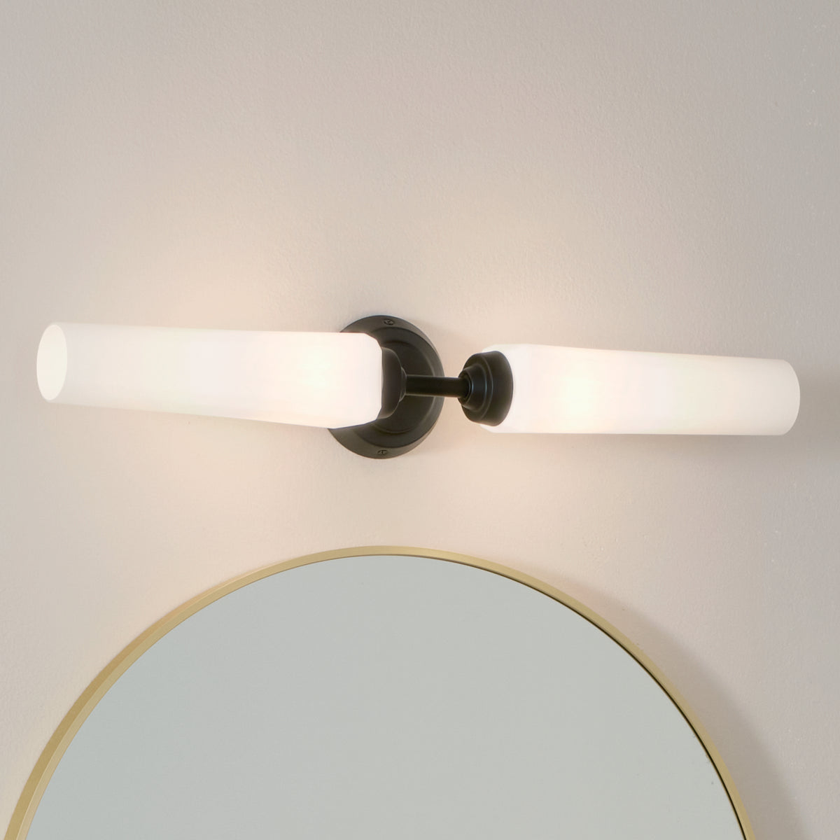 KICHLER 55075BK Truby 24.75" 2 Light Vanity Light With Satin Etched Cased Opal Glass Polished Nickel