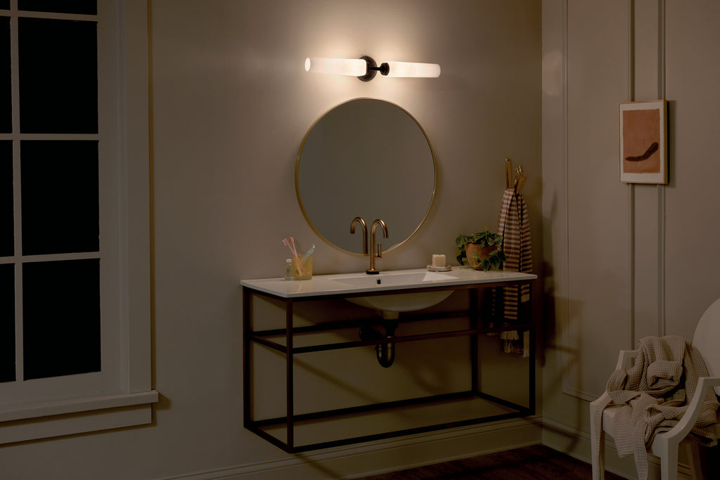 KICHLER 55075BK Truby 24.75" 2 Light Vanity Light With Satin Etched Cased Opal Glass Polished Nickel