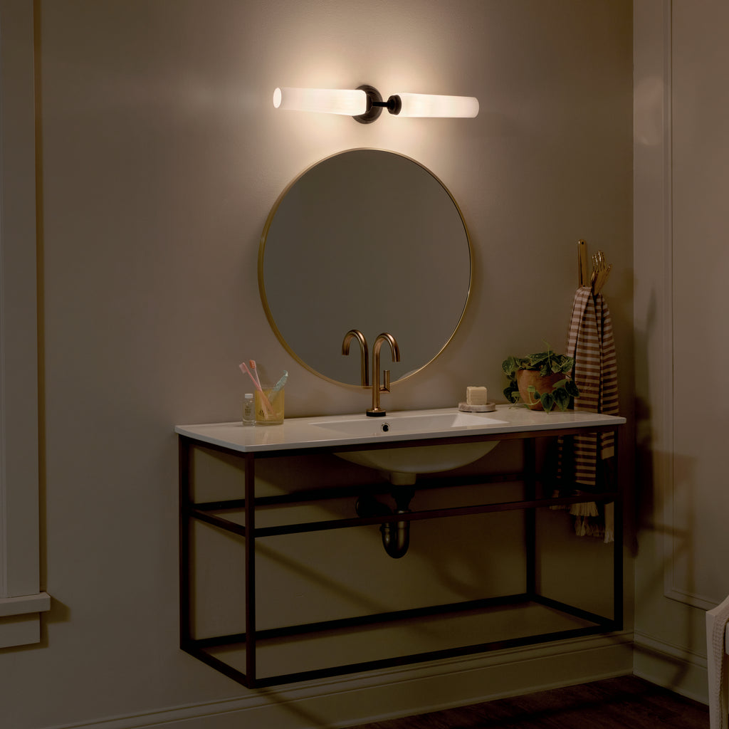 KICHLER 55075BK Truby 24.75" 2 Light Vanity Light With Satin Etched Cased Opal Glass Polished Nickel
