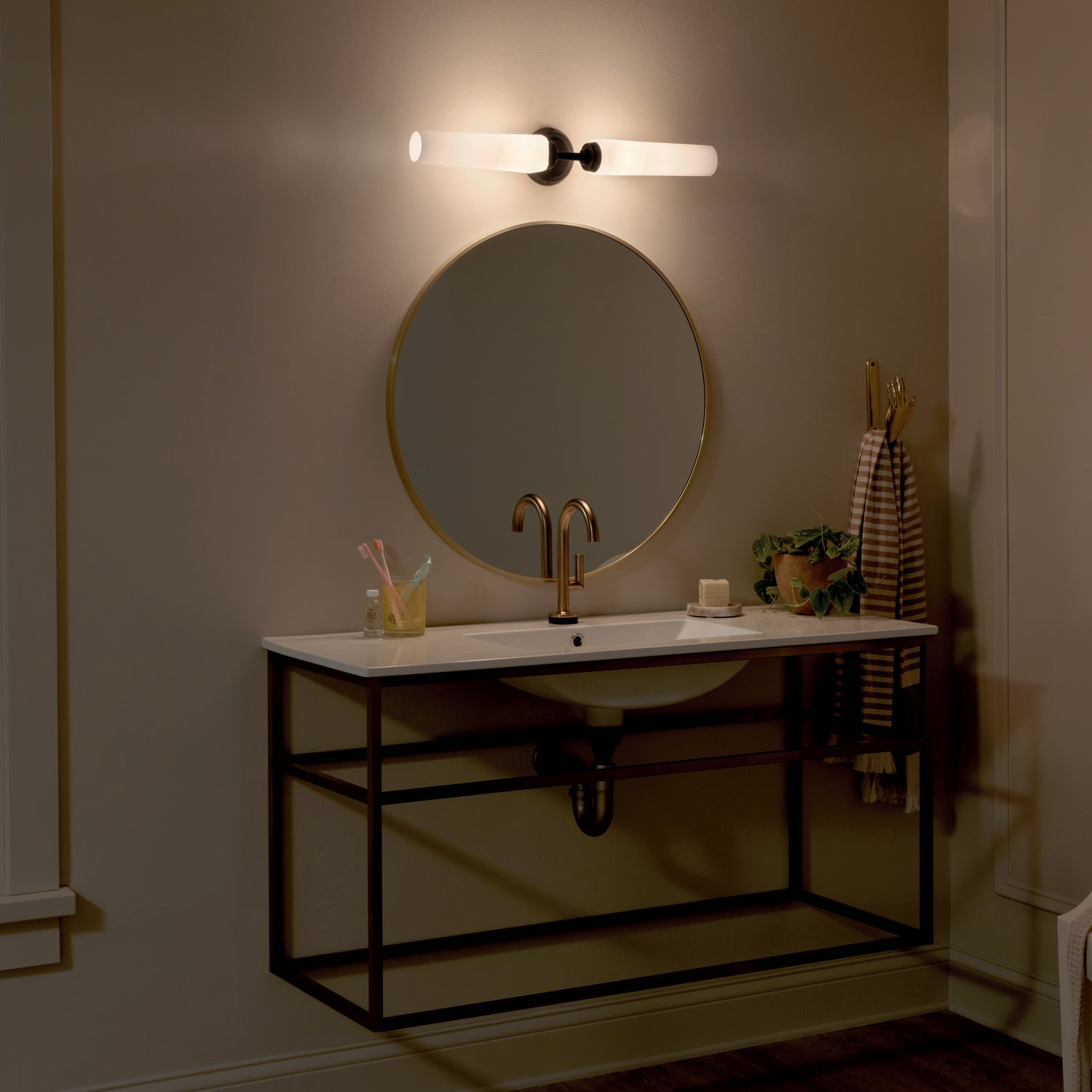 KICHLER 55075BK Truby 24.75" 2 Light Vanity Light With Satin Etched Cased Opal Glass Polished Nickel