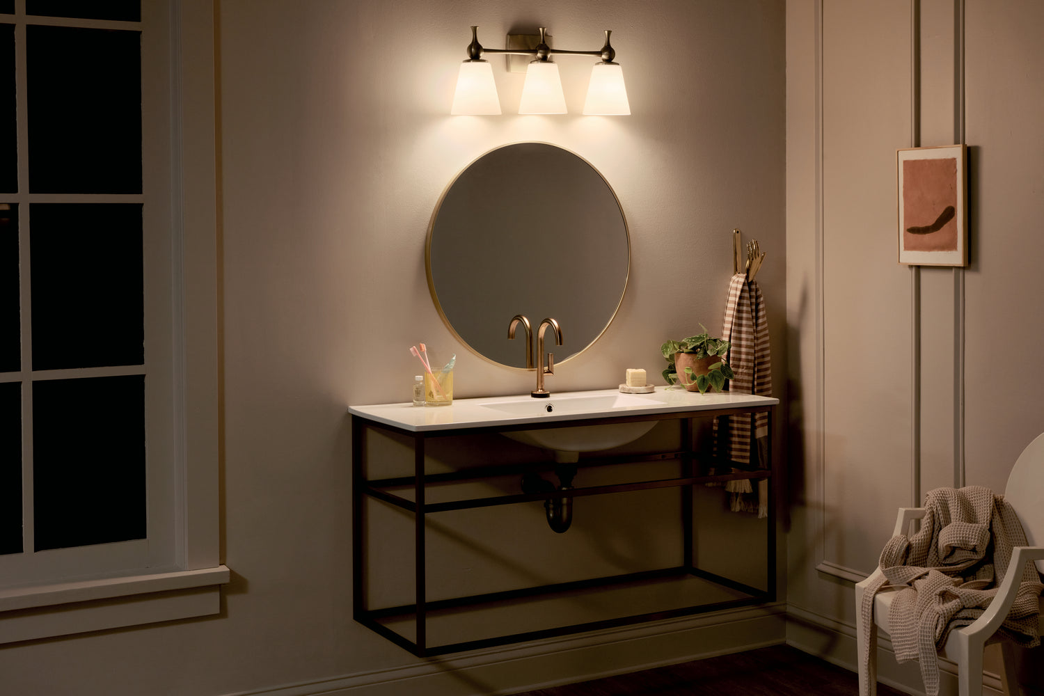 KICHLER 55092CPZ Cosabella 24" 3 Light Vanity Light With Etched White Glass Champagne Bronze