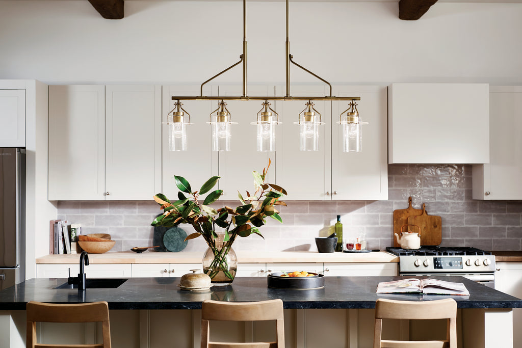 KICHLER 52379NBR Everett 42 Inch 5 Light Linear Chandelier with Clear Glass in Polished Nickel