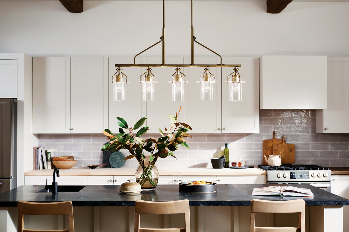 KICHLER 52379NBR Everett 42 Inch 5 Light Linear Chandelier with Clear Glass in Polished Nickel