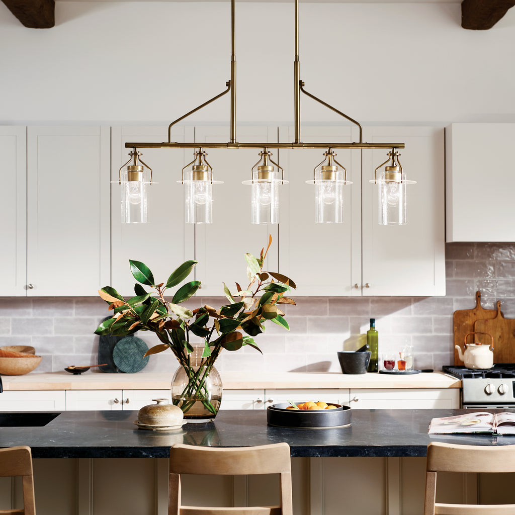 KICHLER 52379NBR Everett 42 Inch 5 Light Linear Chandelier with Clear Glass in Polished Nickel