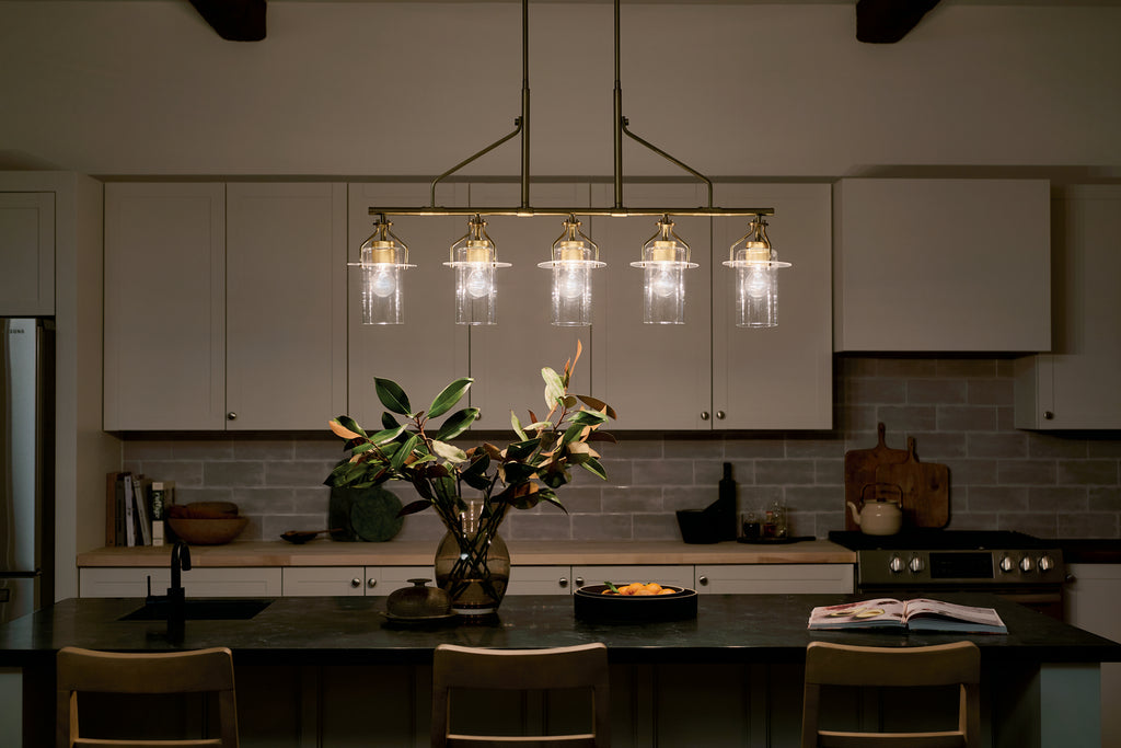 KICHLER 52379NBR Everett 42 Inch 5 Light Linear Chandelier with Clear Glass in Polished Nickel