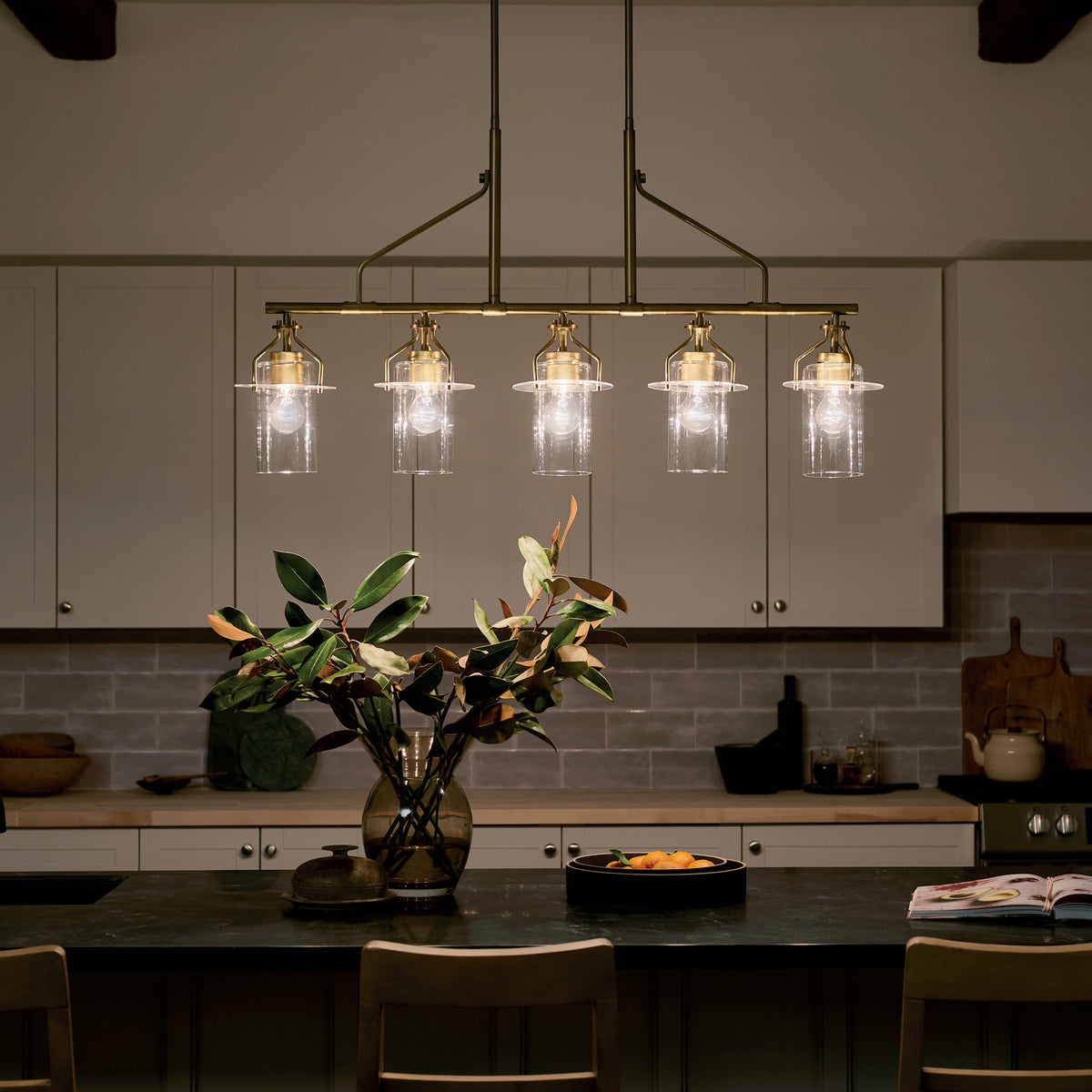 KICHLER 52379NBR Everett 42 Inch 5 Light Linear Chandelier with Clear Glass in Polished Nickel