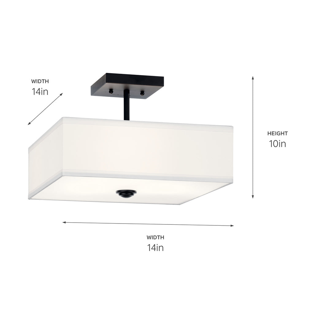 KICHLER 43691BK Shailene 14" 3 Light Square Semi Flush With Satin Etched White Diffuser And White Microfiber Shade In Brushed Nickel