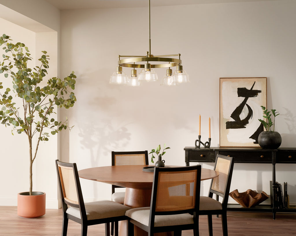 KICHLER 52403BNB Eastmont 5 Light Chandelier With Clear Glass Brushed Natural Brass And Walnut Wood