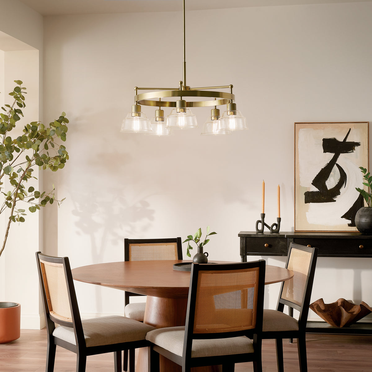 KICHLER 52403BNB Eastmont 5 Light Chandelier With Clear Glass Brushed Natural Brass And Walnut Wood