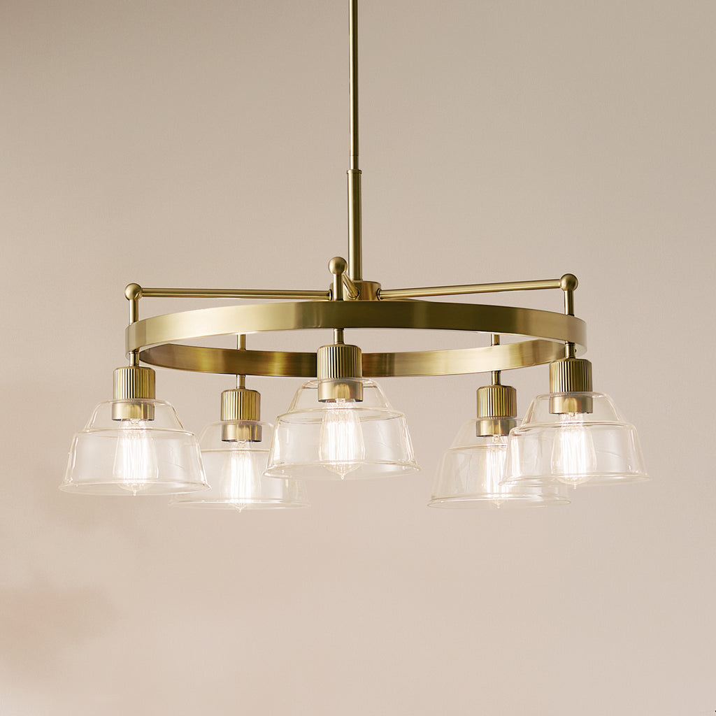 KICHLER 52403BNB Eastmont 5 Light Chandelier With Clear Glass Brushed Natural Brass And Walnut Wood