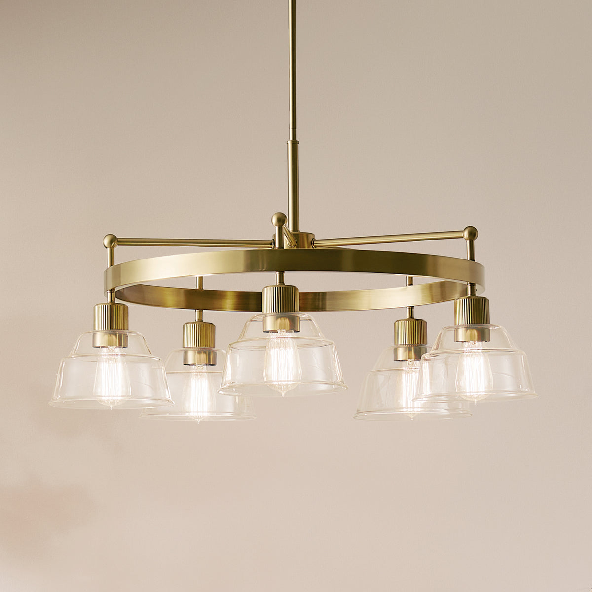KICHLER 52403BNB Eastmont 5 Light Chandelier With Clear Glass Brushed Natural Brass And Walnut Wood