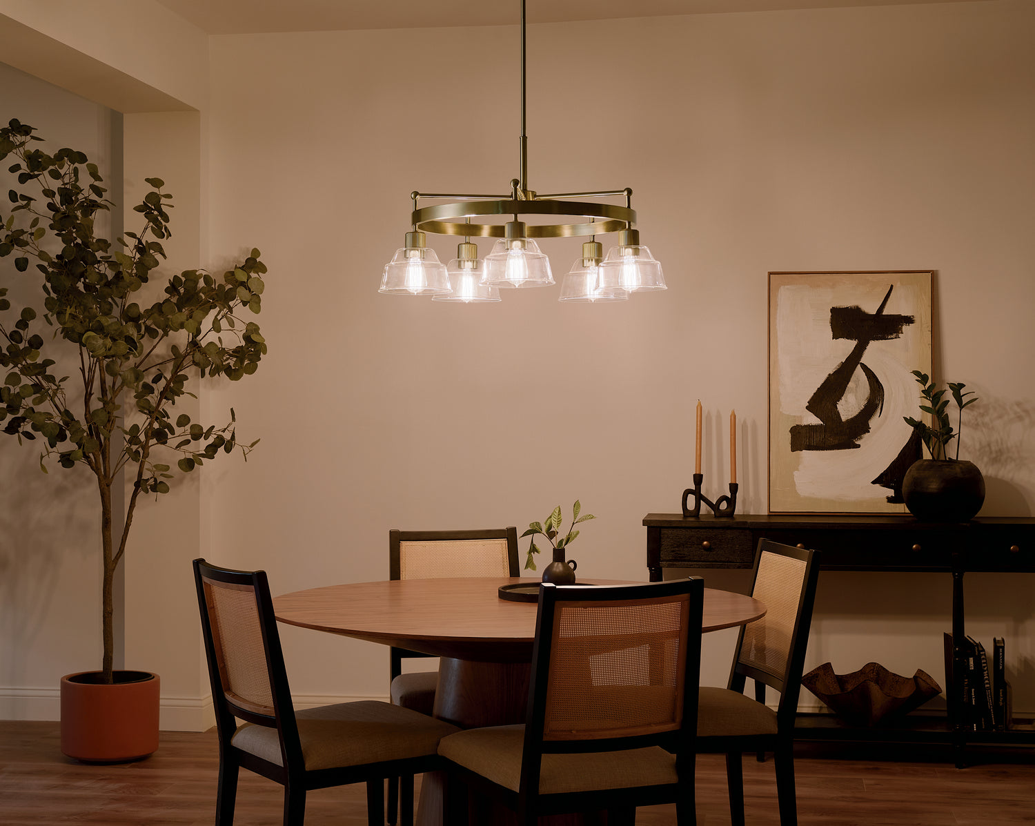 KICHLER 52403BNB Eastmont 5 Light Chandelier With Clear Glass Brushed Natural Brass And Walnut Wood