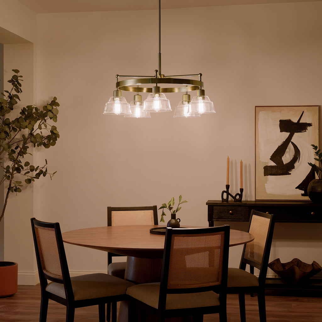 KICHLER 52403BNB Eastmont 5 Light Chandelier With Clear Glass Brushed Natural Brass And Walnut Wood
