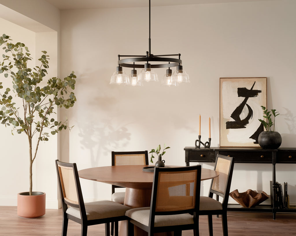 KICHLER 52403BK Eastmont 5 Light Chandelier With Clear Glass Black And Walnut Wood