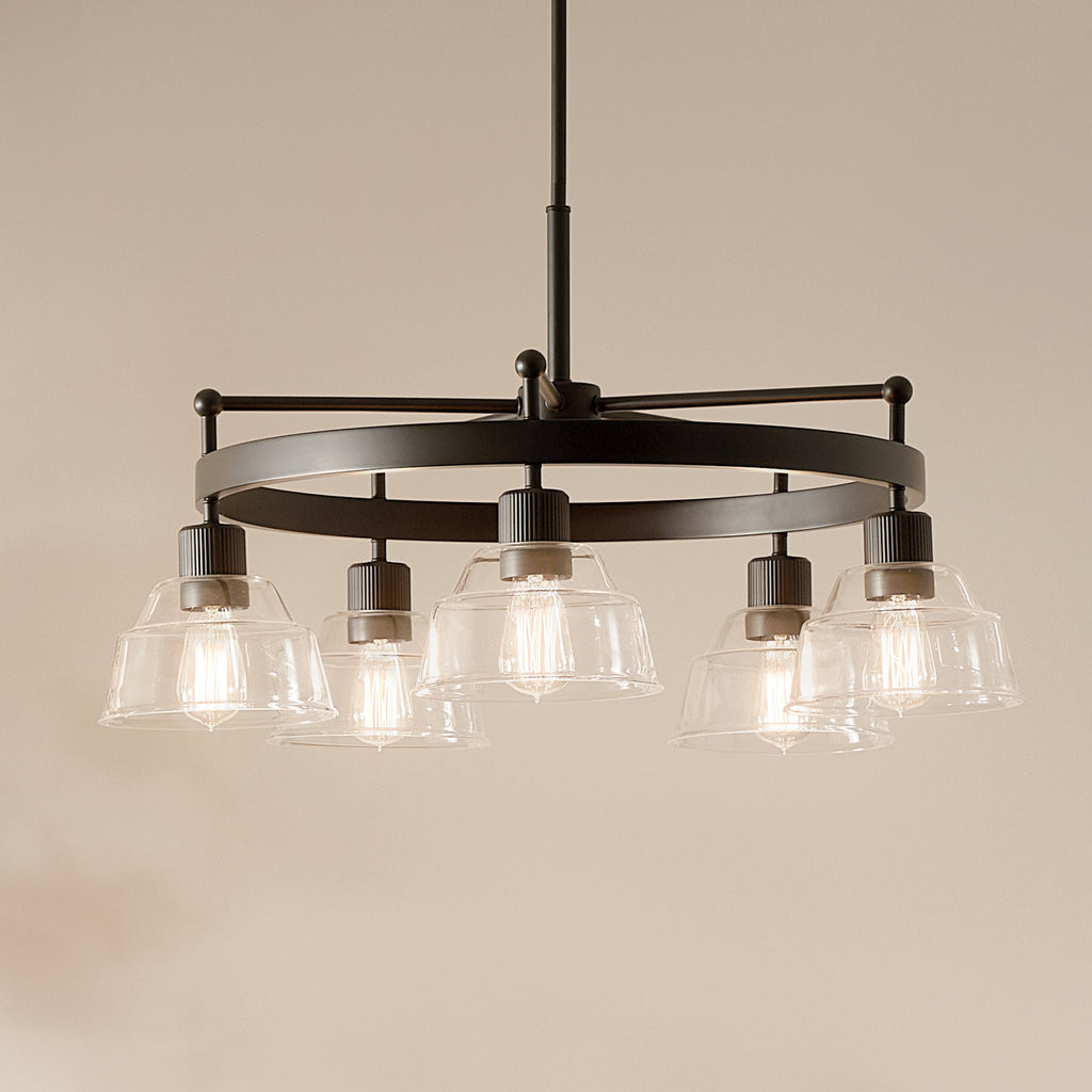 KICHLER 52403BK Eastmont 5 Light Chandelier With Clear Glass Black And Walnut Wood
