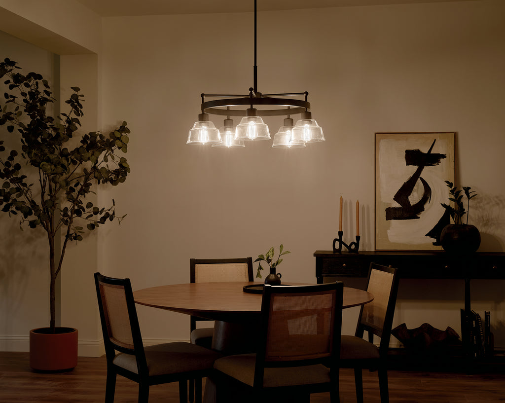 KICHLER 52403BK Eastmont 5 Light Chandelier With Clear Glass Black And Walnut Wood