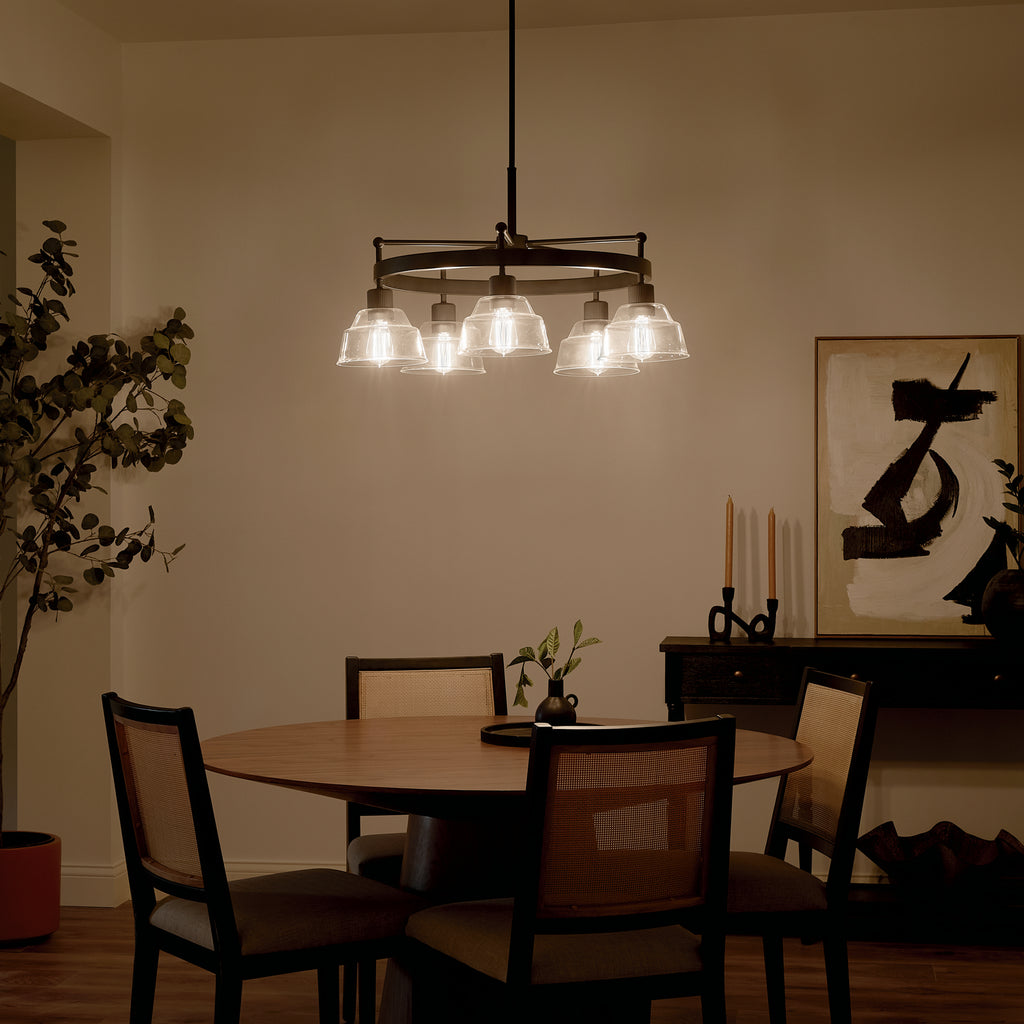 KICHLER 52403BK Eastmont 5 Light Chandelier With Clear Glass Black And Walnut Wood