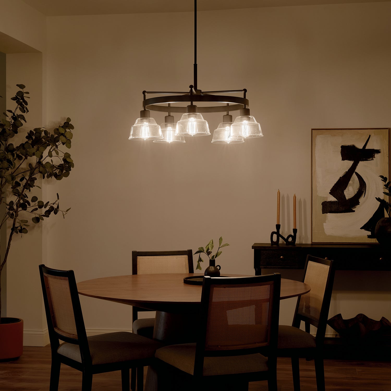 KICHLER 52403BK Eastmont 5 Light Chandelier With Clear Glass Black And Walnut Wood