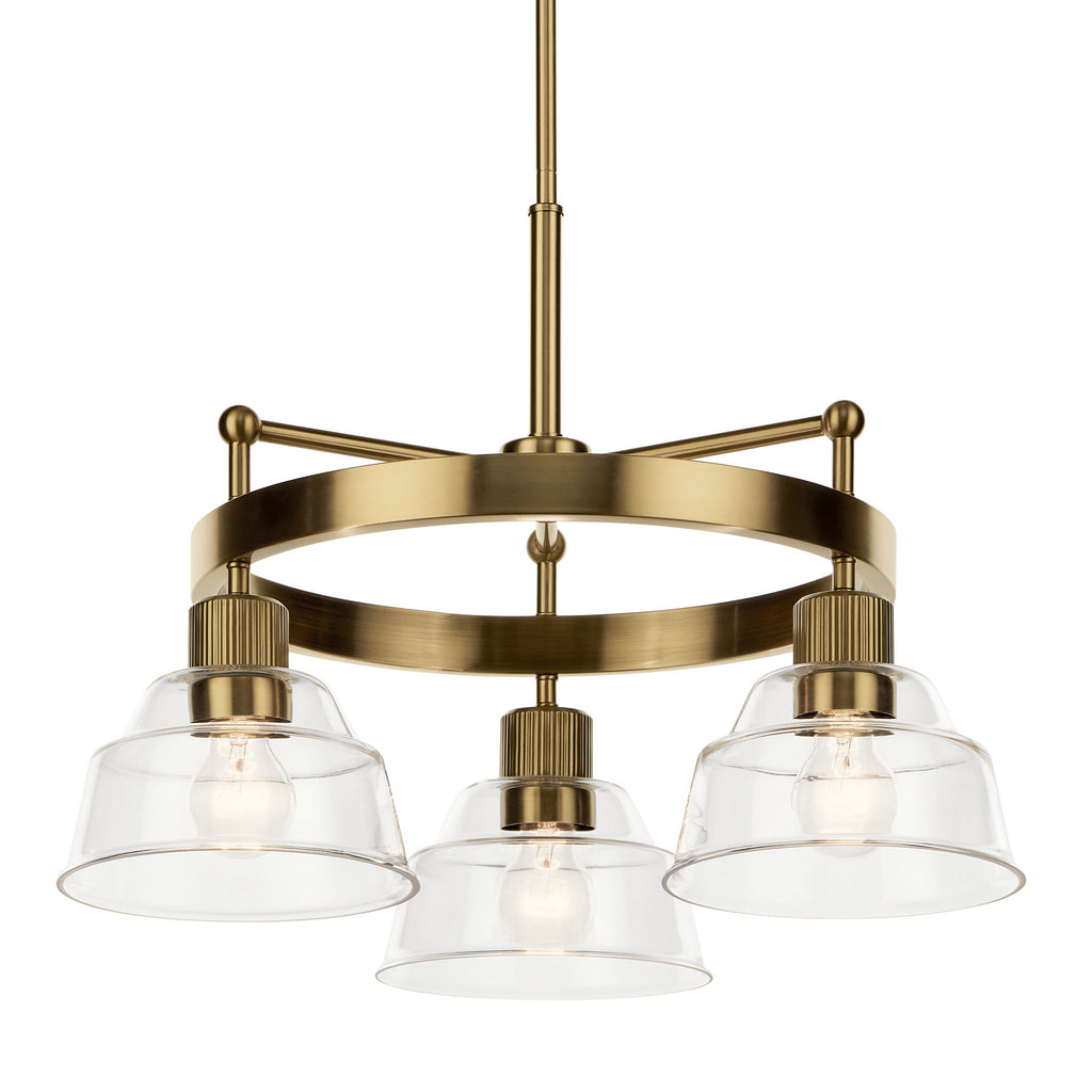 KICHLER 52402BNB Eastmont 3 Light Chandelier With Clear Glass Brushed Natural Brass And Walnut Wood