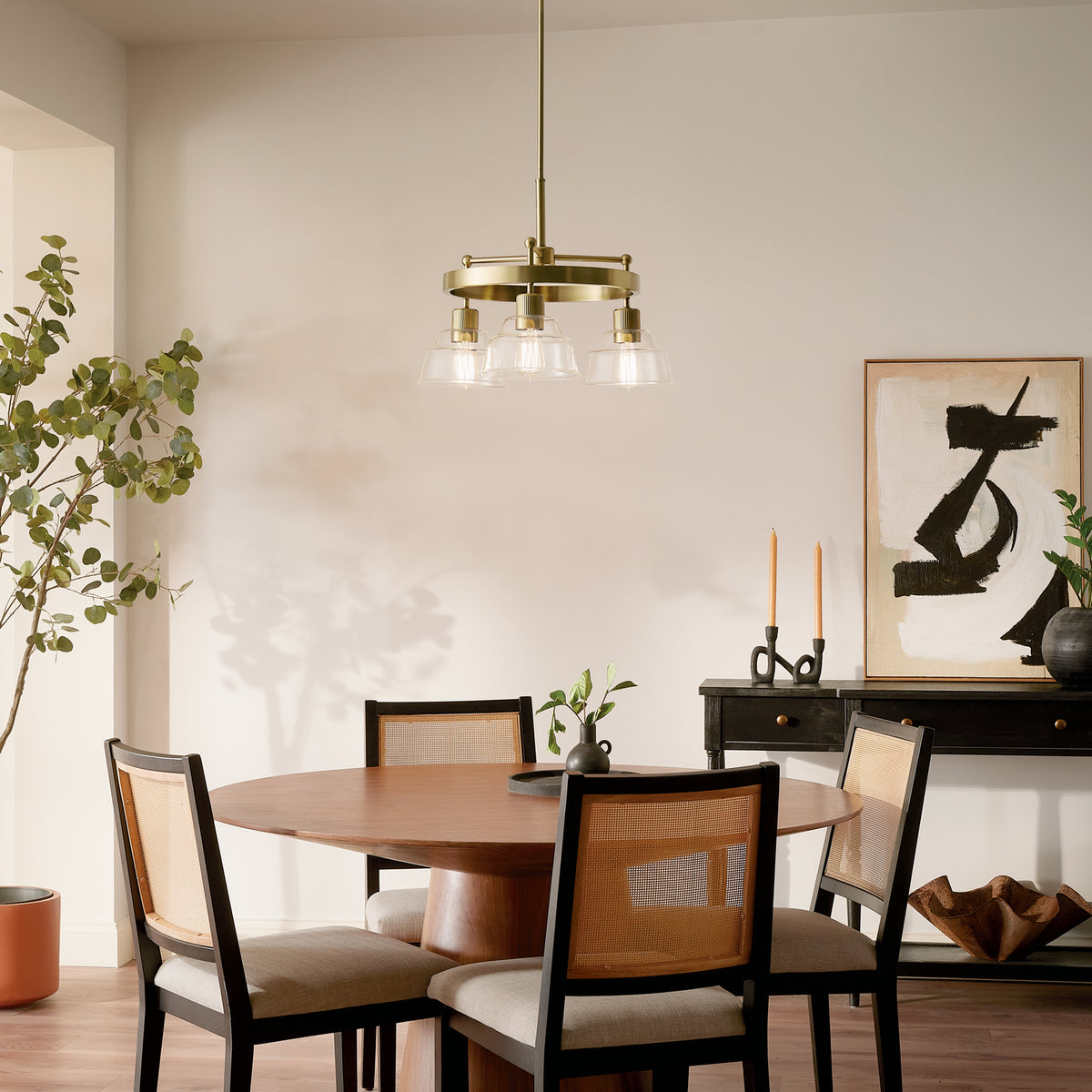 KICHLER 52402BNB Eastmont 3 Light Chandelier With Clear Glass Brushed Natural Brass And Walnut Wood