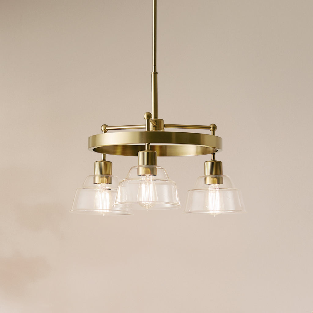 KICHLER 52402BNB Eastmont 3 Light Chandelier With Clear Glass Brushed Natural Brass And Walnut Wood