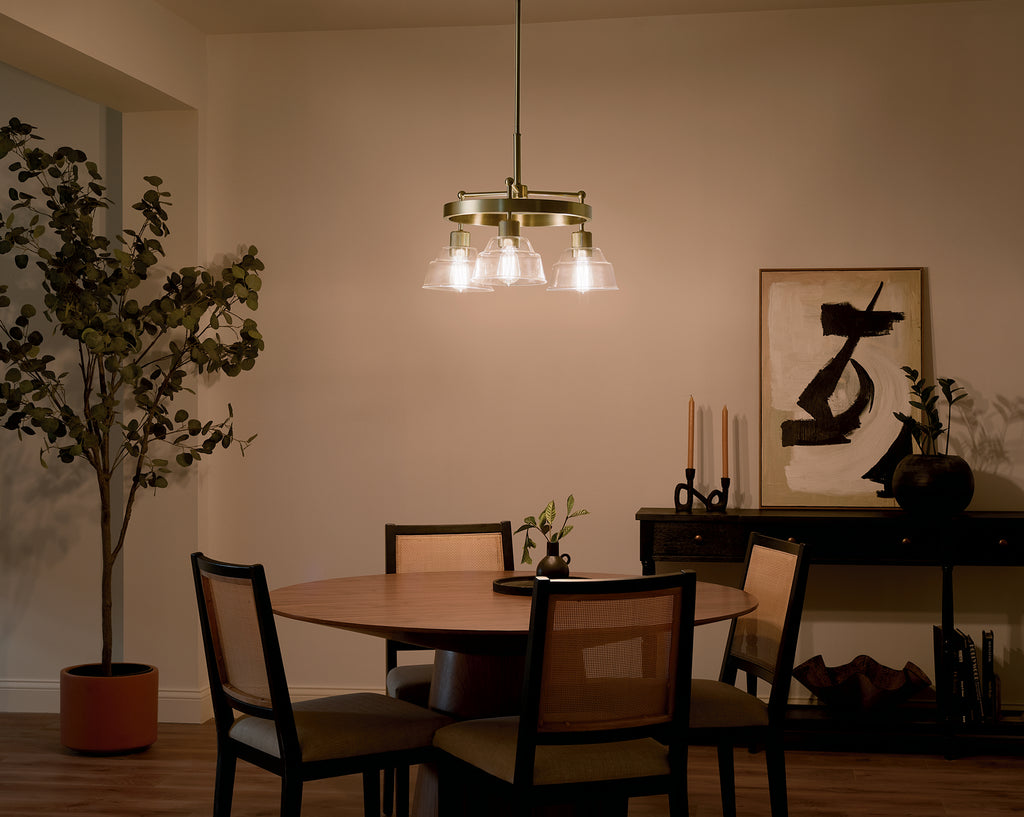 KICHLER 52402BNB Eastmont 3 Light Chandelier With Clear Glass Brushed Natural Brass And Walnut Wood