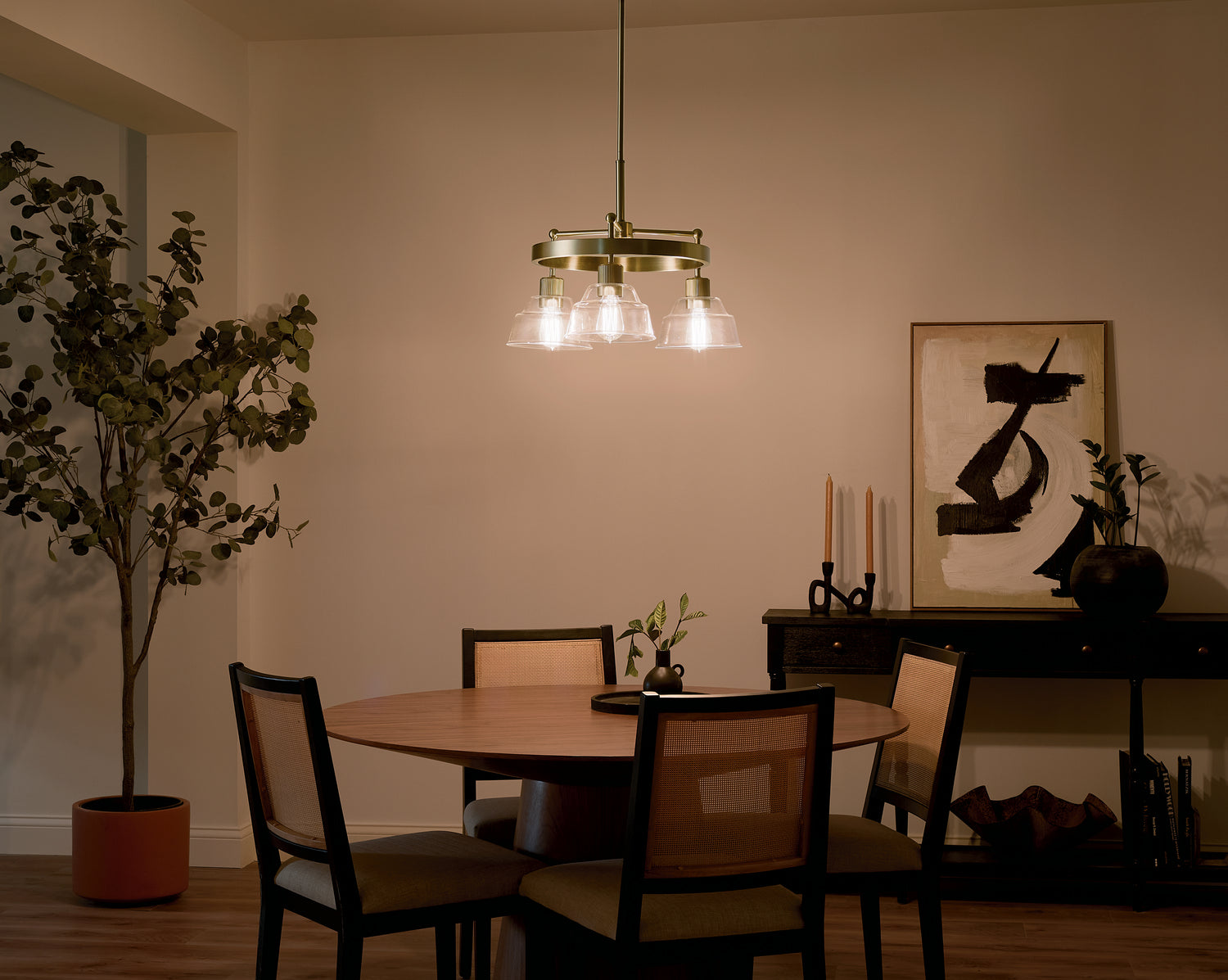 KICHLER 52402BNB Eastmont 3 Light Chandelier With Clear Glass Brushed Natural Brass And Walnut Wood