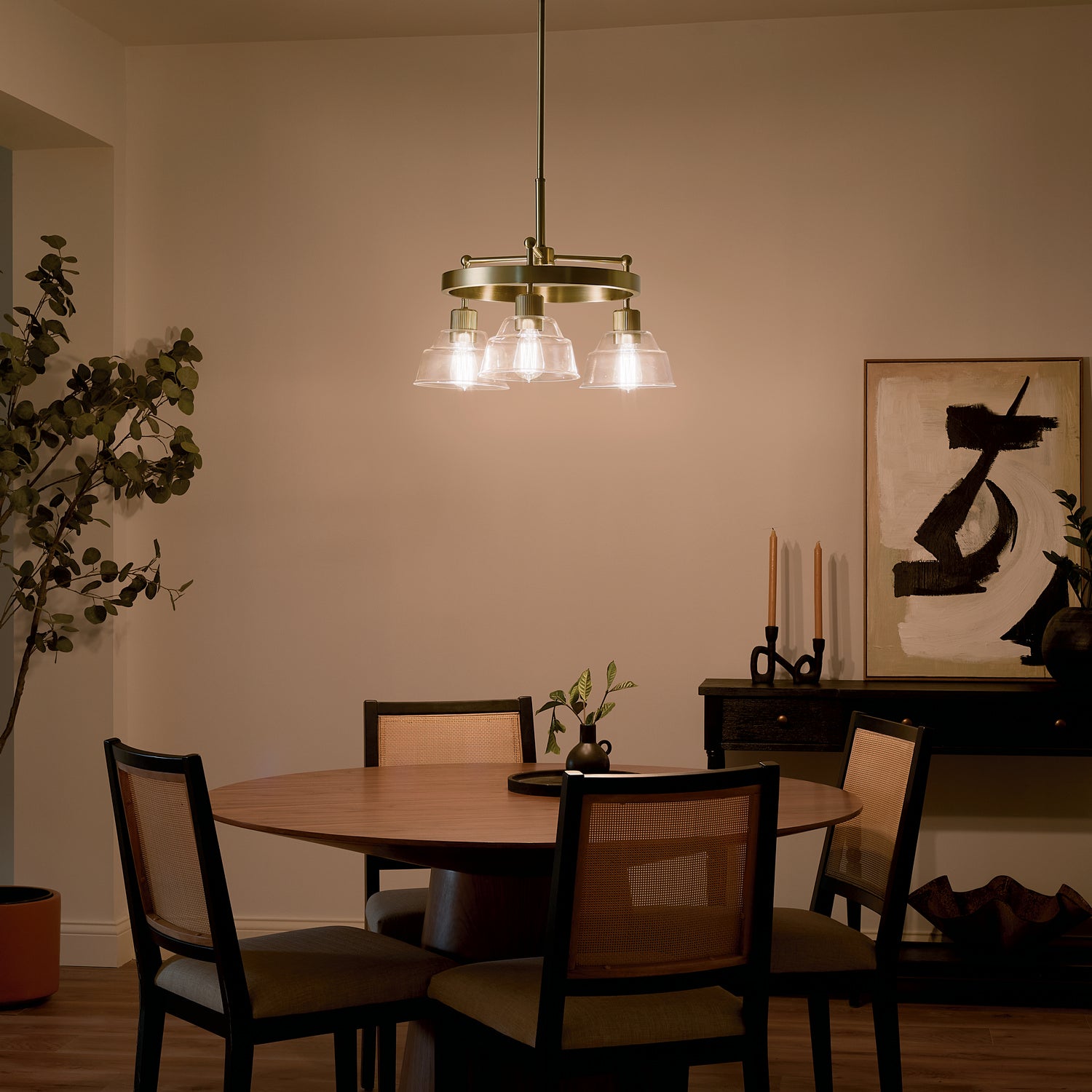 KICHLER 52402BNB Eastmont 3 Light Chandelier With Clear Glass Brushed Natural Brass And Walnut Wood