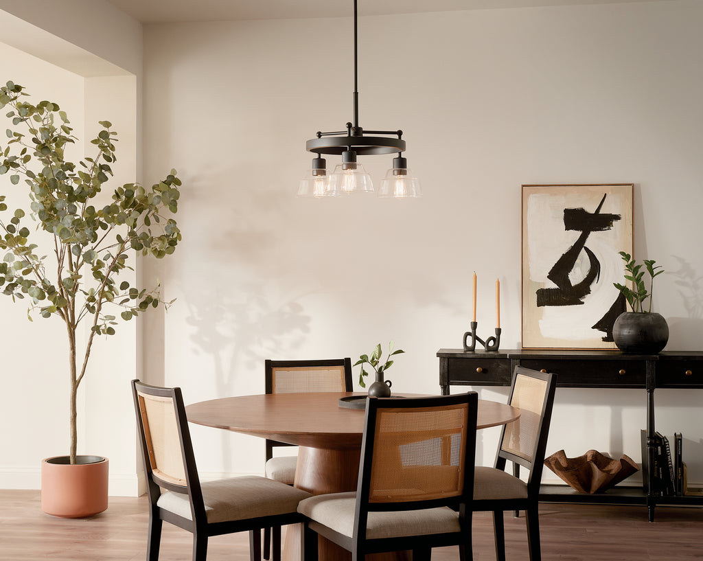 KICHLER 52402BK Eastmont 3 Light Chandelier With Clear Glass Black And Walnut Wood