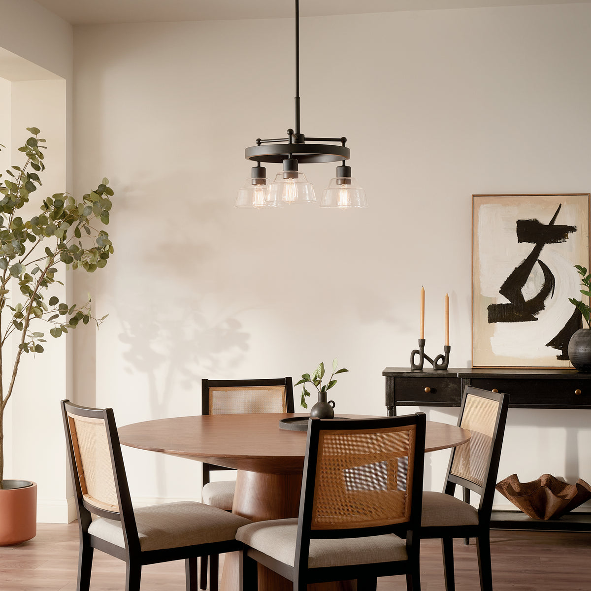 KICHLER 52402BK Eastmont 3 Light Chandelier With Clear Glass Black And Walnut Wood