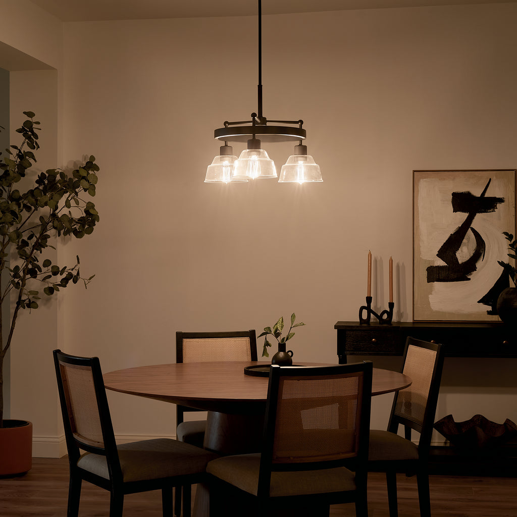 KICHLER 52402BK Eastmont 3 Light Chandelier With Clear Glass Black And Walnut Wood