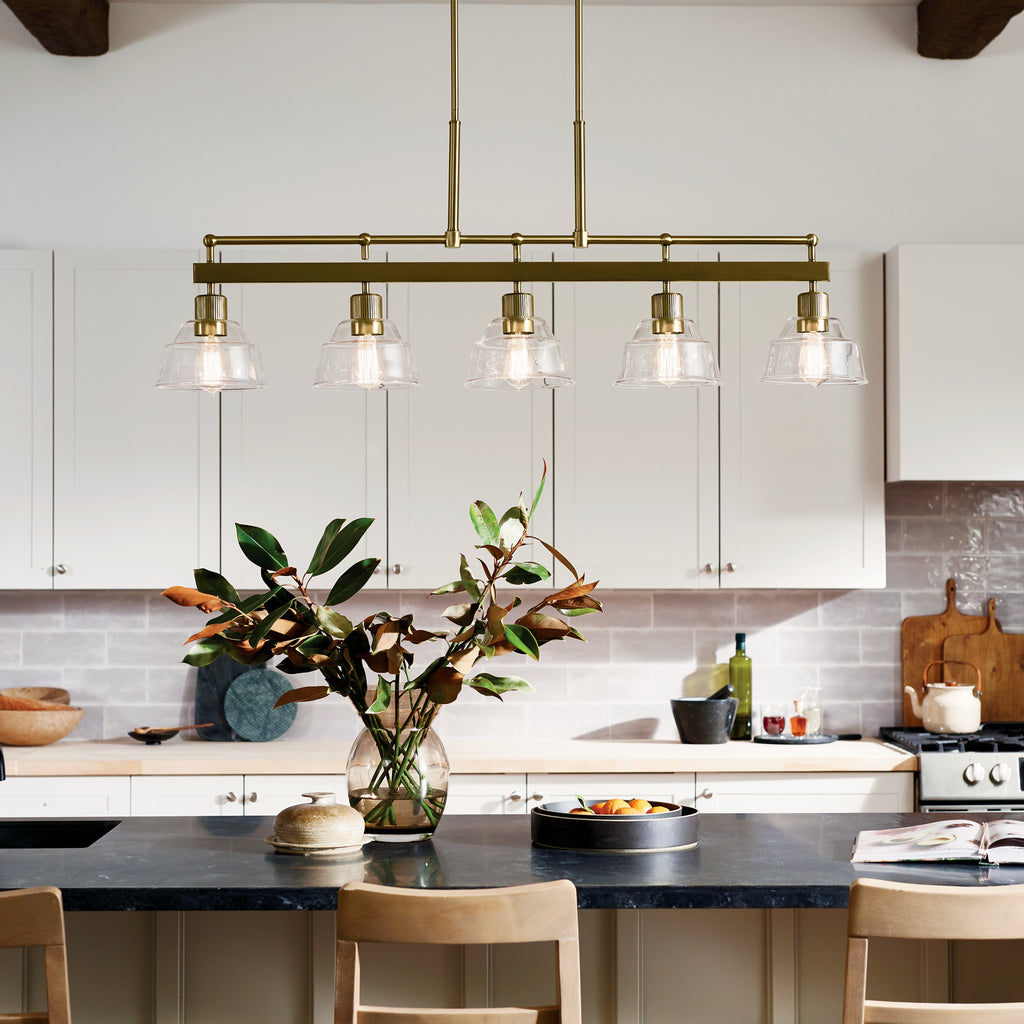 KICHLER 52404BNB Eastmont 5 Light Linear Chandelier With Clear Glass Brushed Natural Brass And Walnut Wood