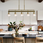 KICHLER 52404BNB Eastmont 5 Light Linear Chandelier With Clear Glass Brushed Natural Brass And Walnut Wood