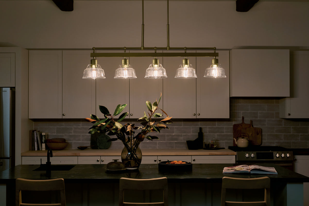 KICHLER 52404BNB Eastmont 5 Light Linear Chandelier With Clear Glass Brushed Natural Brass And Walnut Wood