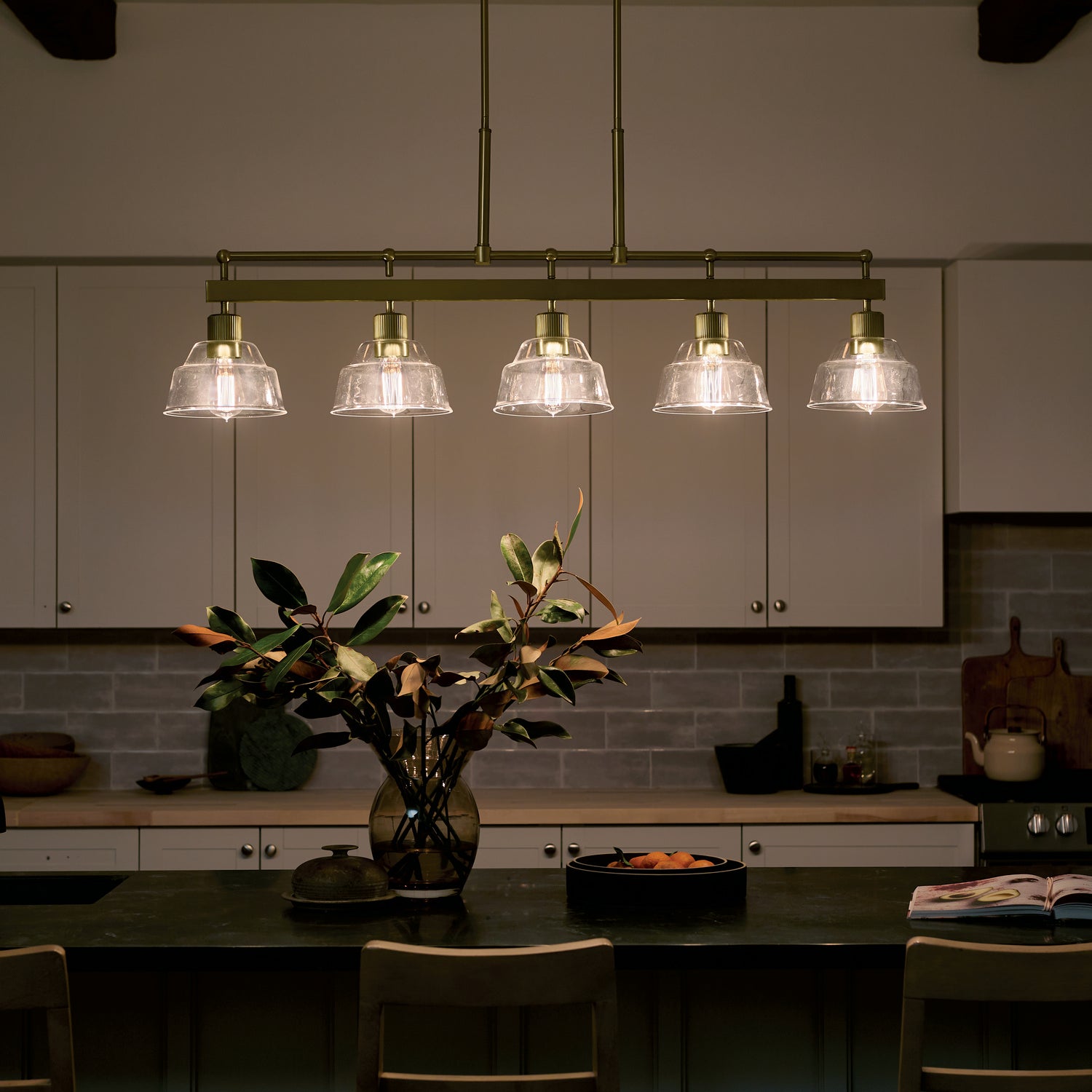 KICHLER 52404BNB Eastmont 5 Light Linear Chandelier With Clear Glass Brushed Natural Brass And Walnut Wood