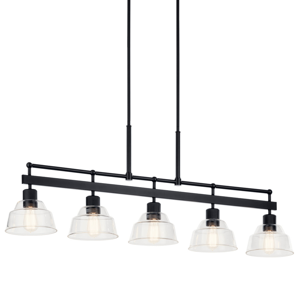 KICHLER 52404BK Eastmont 5 Light Linear Chandelier With Clear Glass Black And Walnut Wood
