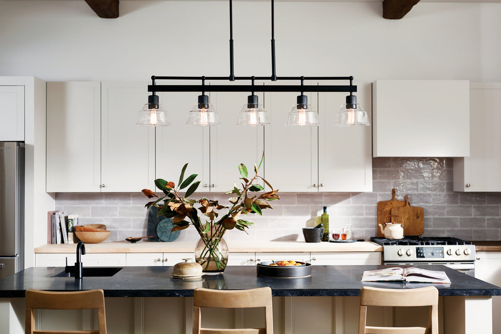 KICHLER 52404BK Eastmont 5 Light Linear Chandelier With Clear Glass Black And Walnut Wood
