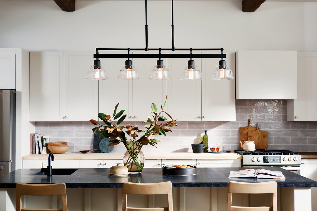 KICHLER 52404BK Eastmont 5 Light Linear Chandelier With Clear Glass Black And Walnut Wood