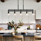 KICHLER 52404BK Eastmont 5 Light Linear Chandelier With Clear Glass Black And Walnut Wood