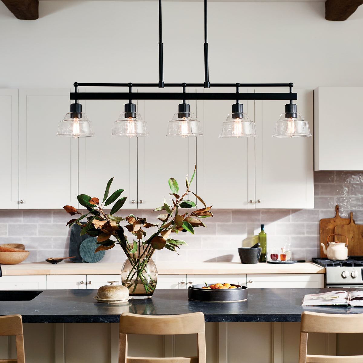 KICHLER 52404BK Eastmont 5 Light Linear Chandelier With Clear Glass Black And Walnut Wood