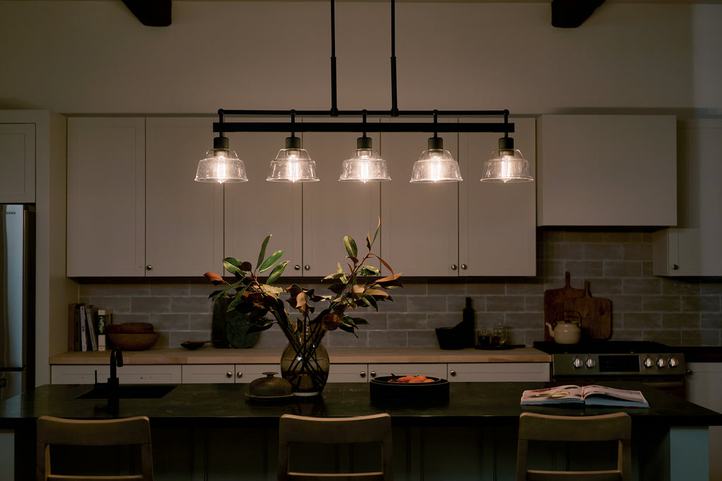 KICHLER 52404BK Eastmont 5 Light Linear Chandelier With Clear Glass Black And Walnut Wood