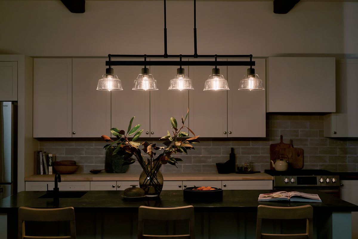 KICHLER 52404BK Eastmont 5 Light Linear Chandelier With Clear Glass Black And Walnut Wood