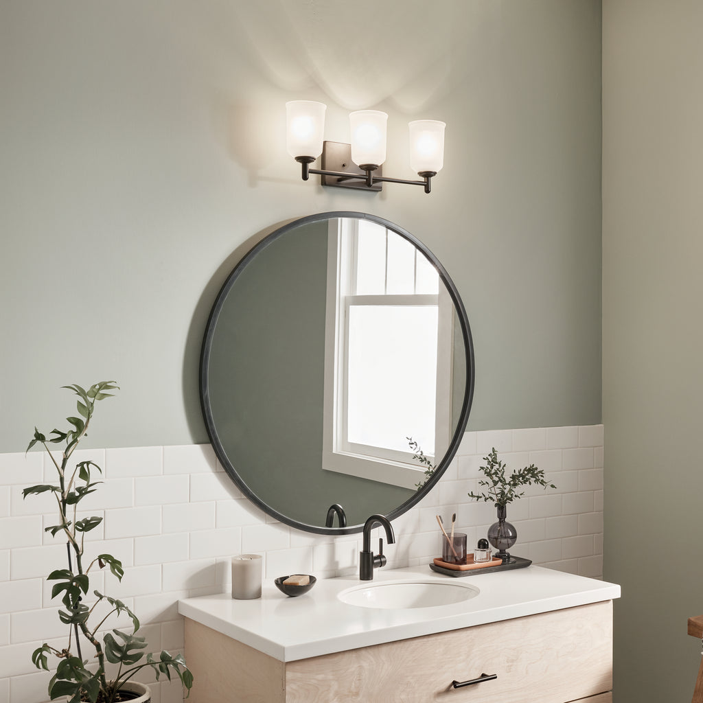 KICHLER 45574BK Shailene 21" 3 Light Vanity Light With Satin Etched Glass In Olde Bronze