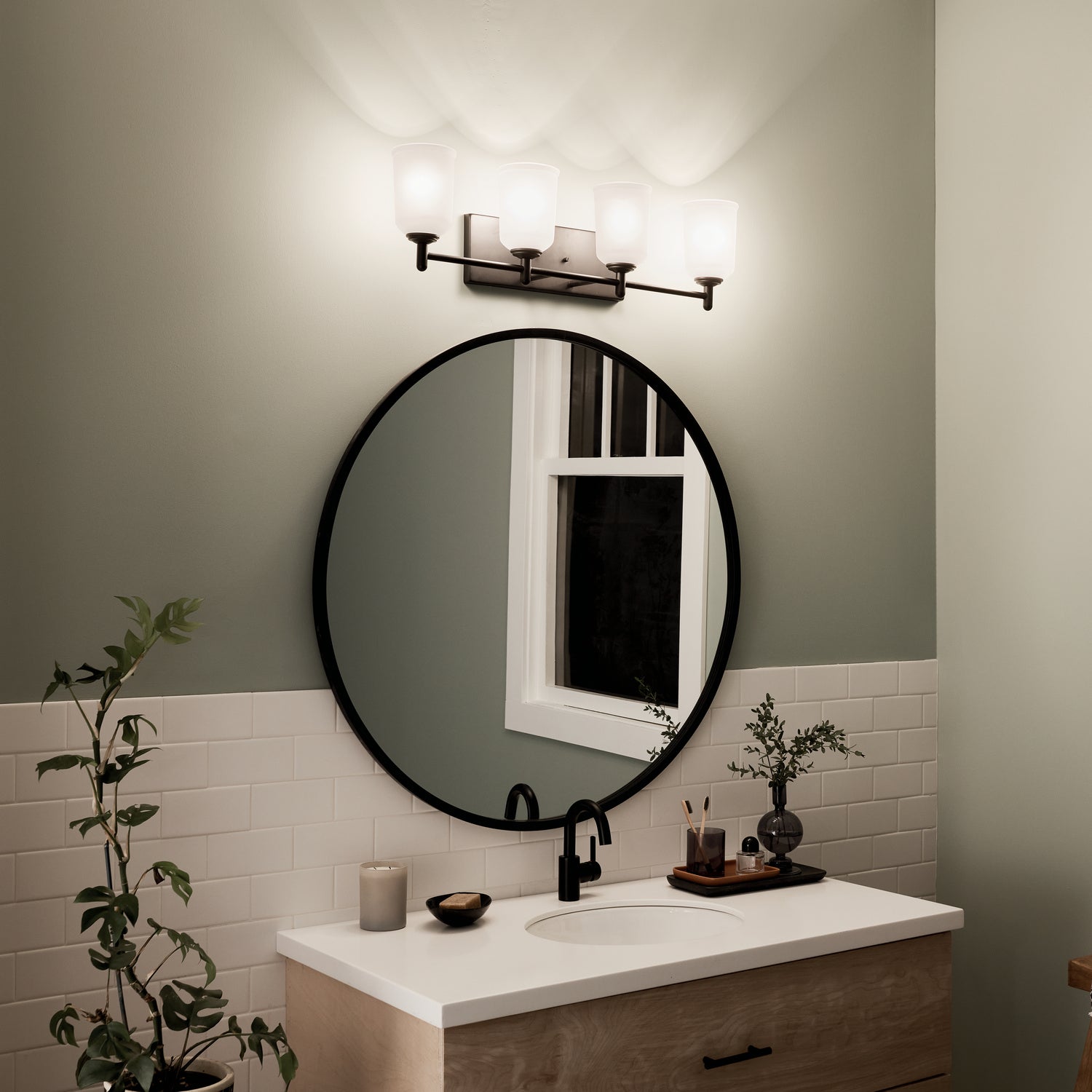 KICHLER 45575BK Shailene 29.5" 4 Light Vanity Light With Satin Etched Glass In Brushed Nickel
