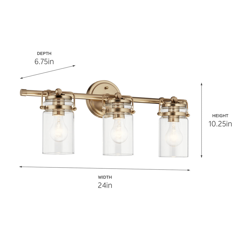 KICHLER 45689CPZ Brinley 24" 3 Light Vanity Light With Clear Glass In Champagne Bronze