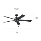 KICHLER 330243SBK 60 Inch Lucian Ii 5 Blade Indoor Ceiling Fan In Satin Black With Reversible Silver And Black Blades