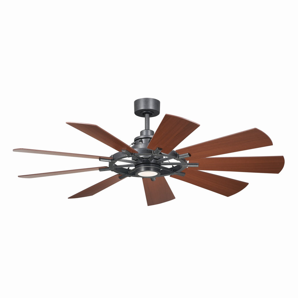 KICHLER 300260AVI 60 Inch Gentry 9 Blade Indoor Ceiling Fan With Etched Cased Opal Glass In Anvil Iron With Reversible Distressed Antique Gray And Walnut Blades