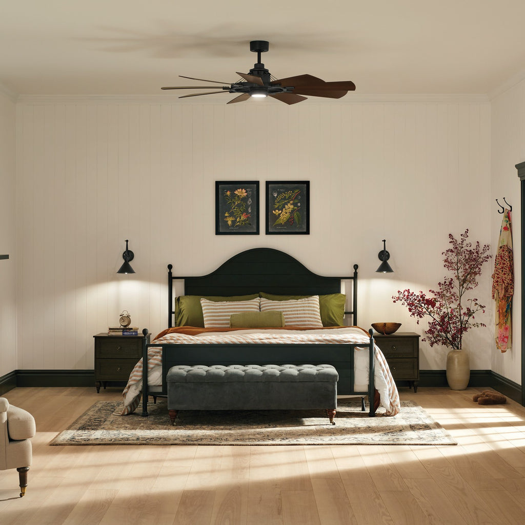 KICHLER 300260DBK 60 Inch Gentry 9 Blade Indoor Ceiling Fan With Etched Cased Opal Glass In Distressed Black With Reversible Walnut And Walnut Shadowed Blades
