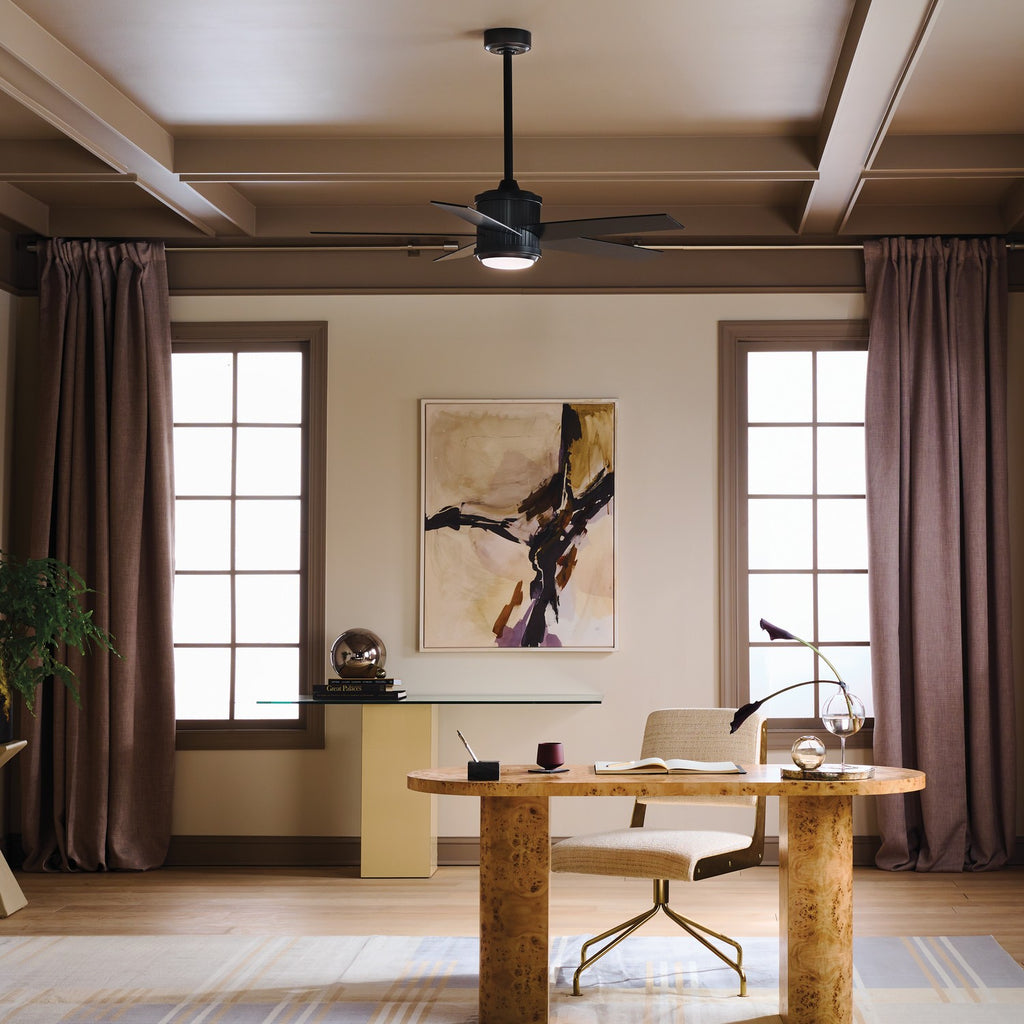 KICHLER 300048SBK 48 Inch Brahm 5 Blade Indoor Ceiling Fan With Etched Cased Opal Glass In Satin Black With Reversible Satin Black And Silver Blades